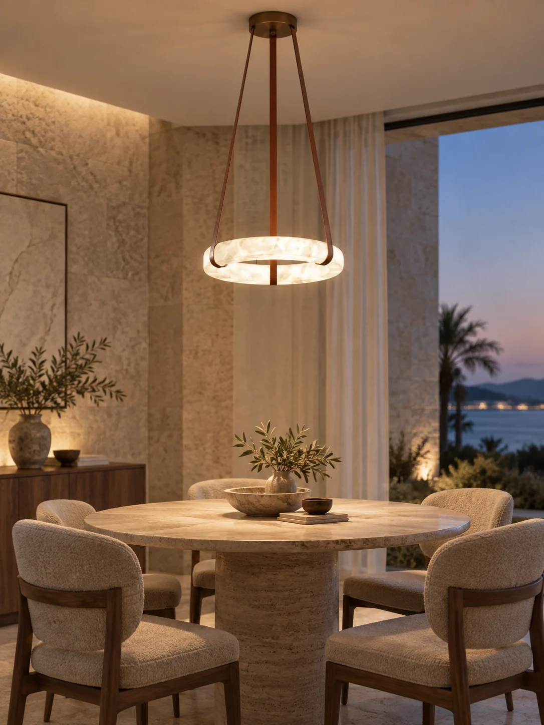 Ring pendants above a dining setting